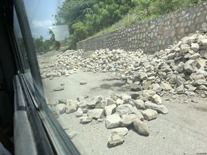makeshift roadblock road to Jacmel