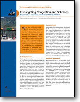 Front page of Investigating Congestion and Solutions: Experiments on Congestion Conditions and Pricing Initiatives (Fact Sheet).