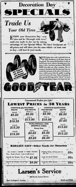 Larsen's Service 1929 Goodyear Ad
