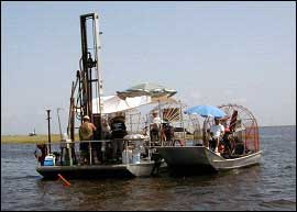 a picture of the oversized airboat that was chosen to carry the cone penetrometer during soil investigations