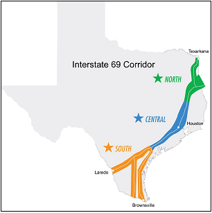 Map of the State of Texas showing the I-69 Corridor extending from Texarkana through Houston to Laredo, Brownsville and other points South