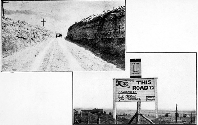 1. Road in Wyoming costing $50,000 per mile. 2. Characteristic Sign on Lincoln Highway.