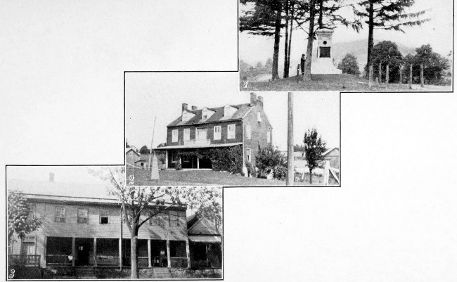 1. Braddock's Monument near Uniontown, Pa. 2. Old Farmhouse near Braddock's Camp. 3. Historic Inn at Hancock, Md.