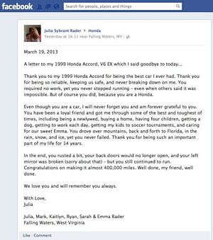Letter to Honda Accord