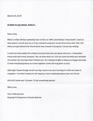 Letter to Honda Accord