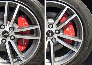 AmericanMuscle Ford Mustang Wheel Guide Red Caliper Covers with Tri-Bar Pony Logo for 2015-2017