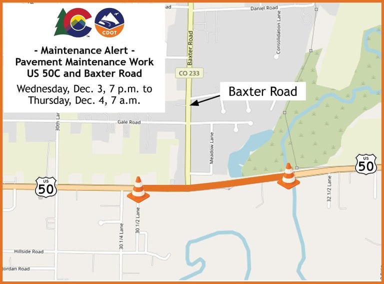 <span class='pullquote'>Map of US 50C at Baxter Road in Pueblo County. Beginning Wednesday, December 3 at 7 p.m., motorists will encounter road work at the intersection of US 50C and Baxter Road. </span>