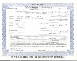 1953 Pontiac Catalina Bill of Sale