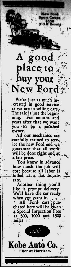 Kobe Auto Company 1929 Ford Ad